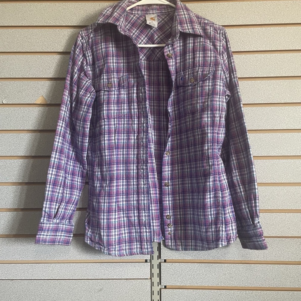 Women's Small Carhartt Multicolored Plaid‎ Flannel Shirt Long Sleeve Button Down